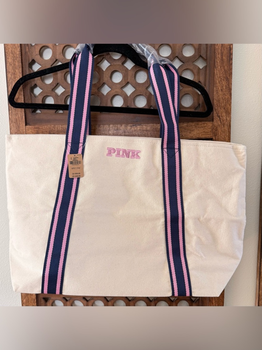 PINK Victoria's Secret Cream Canvas Tote with Navy and Pink Striped Straps NWT
